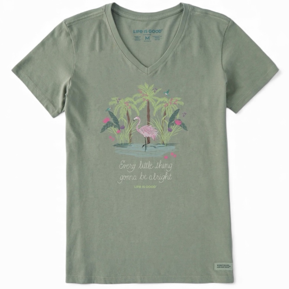 Life Is Good Moss Green Flamingo Graphic Tee Shirt Womens Size Medium